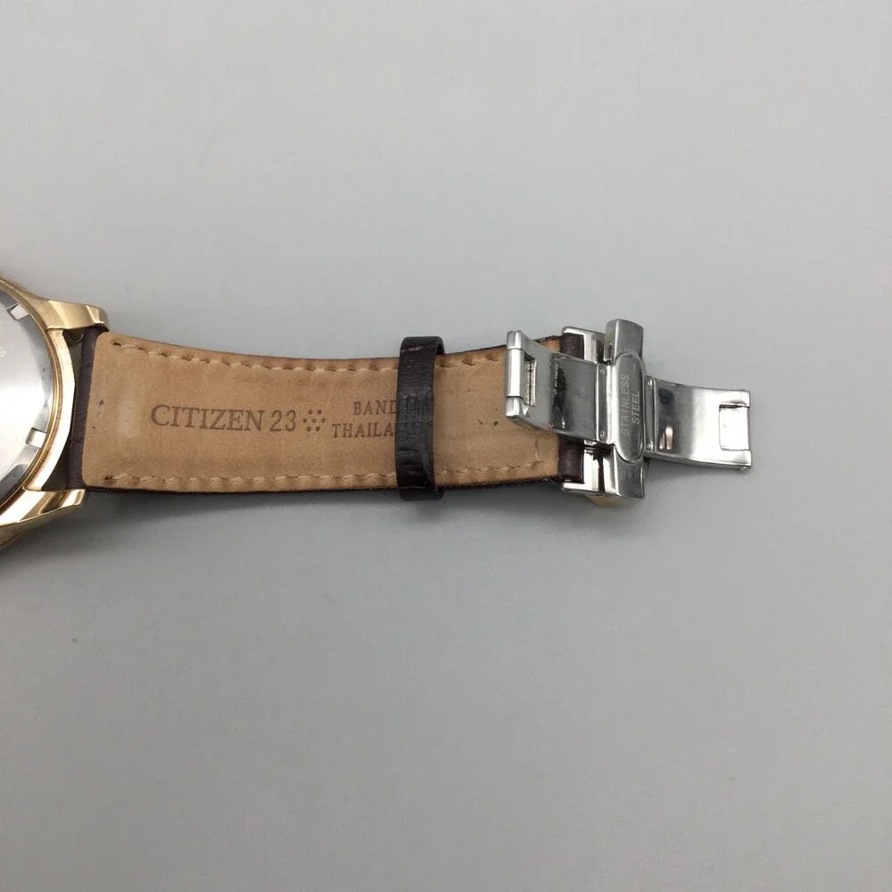Citizen Eco-Drive Mens Watch 44mm Black Dial Gold Tone Brown Leather World Time
